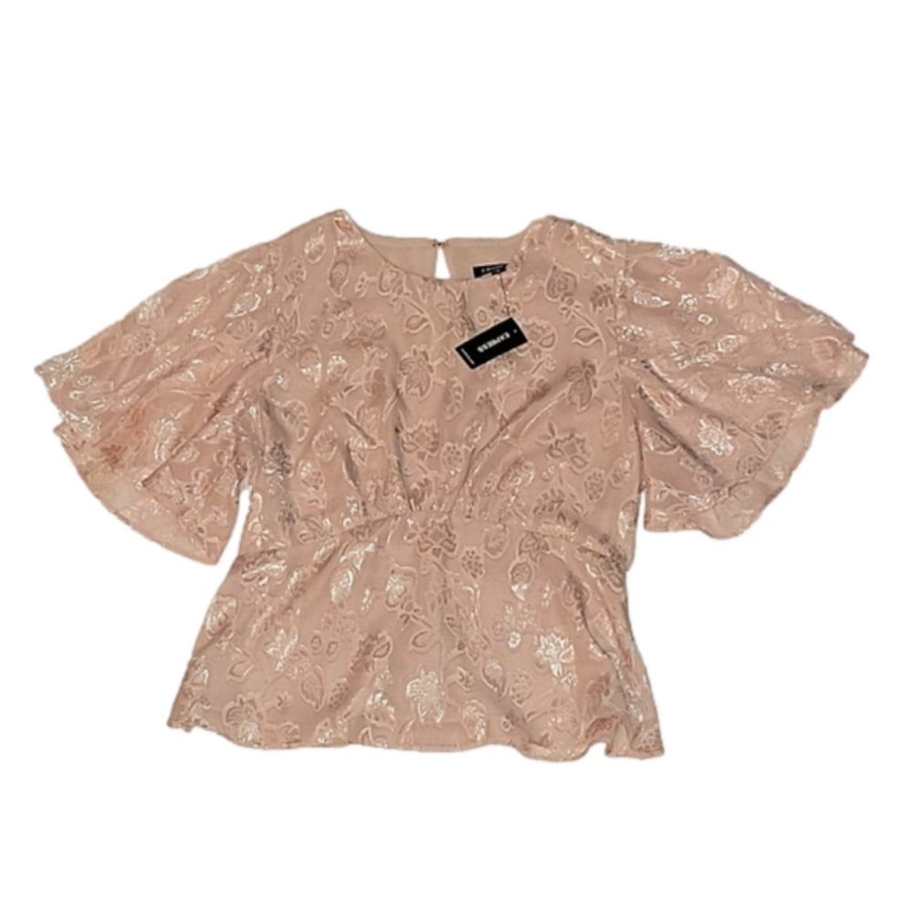 EXPRESS Dusty Light Pink Jacquard Floral Flutter Sleeve Top Blouse Small NWT - Picture 3 of 10